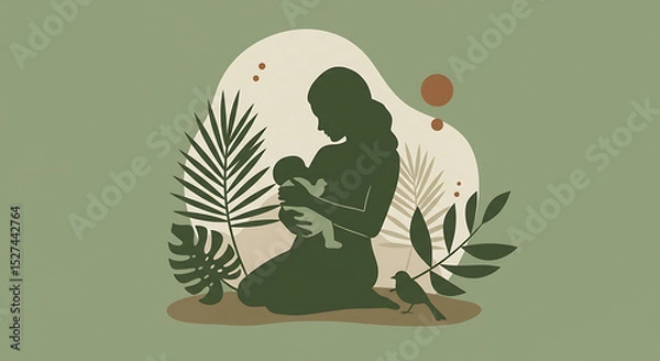 Obraz A minimalist vector silhouette of a mother lovingly breastfeeding her baby, symbolizing maternal bond and natural parenting. Perfect for World Breastfeeding Day campaigns