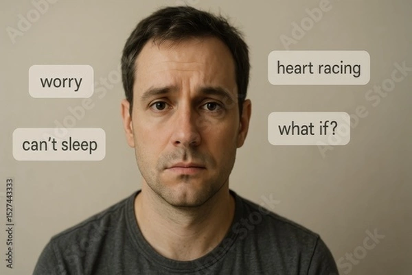 Obraz A worried man with floating thoughts like “worry”, “can’t sleep”, and “what if?” shows symptoms of anxiety and sleep disorder.