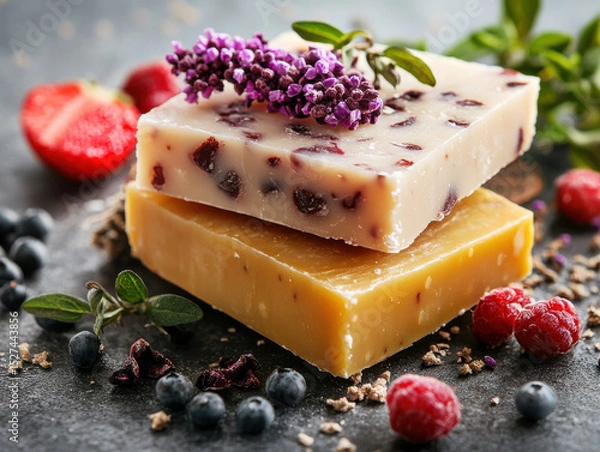 Fototapeta Two artisanal soap bars, one with embedded dried berries and other with golden hue, are stacked dark surface. They are adorned with fresh berries and sprig of lavender, creating natural