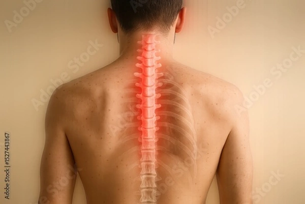 Obraz Anatomical visualization of human spine with red glow indicating pain or inflammation along the vertebrae in the upper and mid back.