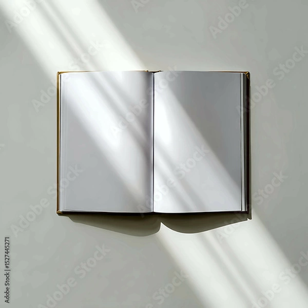 Obraz Open book on a white background with sun rays across pages, minimalistic top view