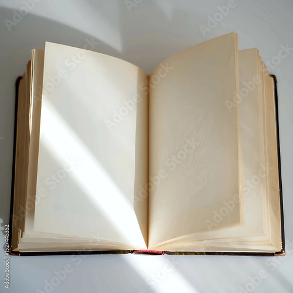 Obraz Open book on a white background with sun rays across pages, minimalistic top view