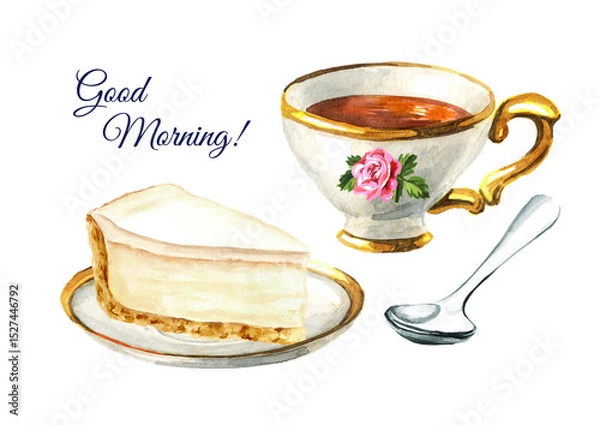 Fototapeta Sweet cheesecake and cup of tea. Greeting card. Watercolor hand drawn illustration isolated on white background