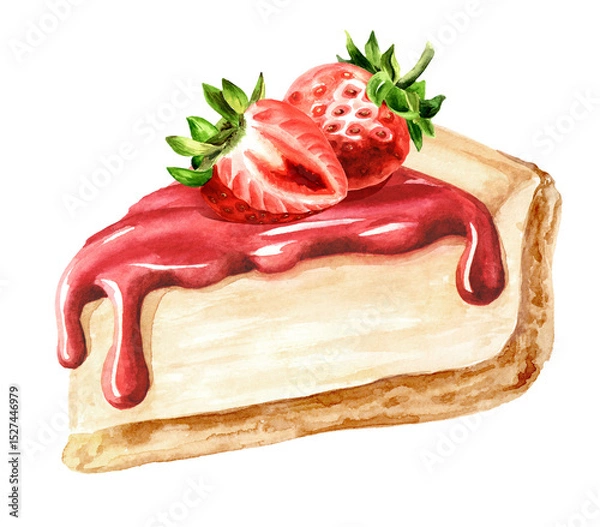 Fototapeta Sweet dessert, pie, strawberry cheesecake with fruit topping. Hand drawn watercolor illustration, isolated on white background
