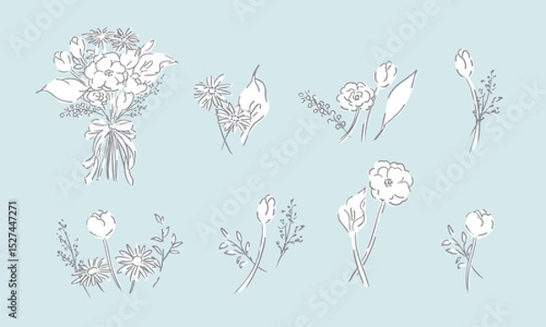 Obraz 草木のベクター線画。草木と花のシンプル線画イラスト。植物のイラスト。Vector line drawing of grass and trees. Simple line drawing illustration of plants and flowers. Illustration of plants.