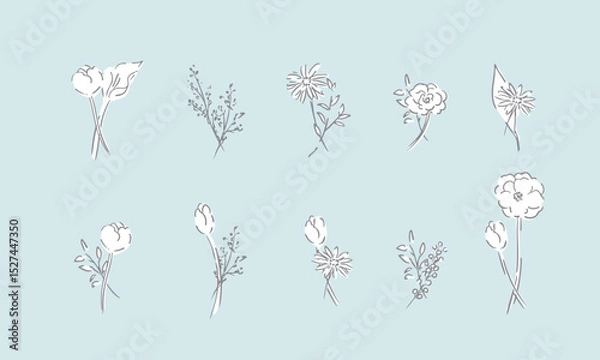 Obraz 草木のベクター線画。草木と花のシンプル線画イラスト。植物のイラスト。Vector line drawing of grass and trees. Simple line drawing illustration of plants and flowers. Illustration of plants.
