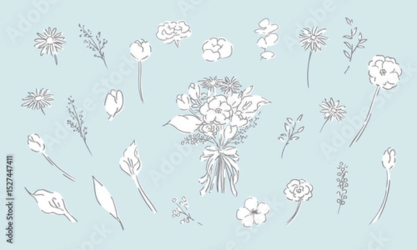 Obraz 草木のベクター線画。草木と花のシンプル線画イラスト。植物のイラスト。Vector line drawing of grass and trees. Simple line drawing illustration of plants and flowers. Illustration of plants.