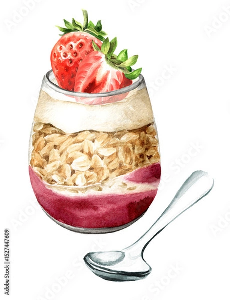 Fototapeta Granola with strawberries, greek yogurt and jam in the jar. Healthy nutrition concept. Watercolor hand drawn illustration isolated on white background