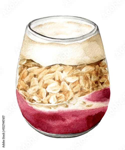 Fototapeta Granola with greek yogurt and jam in the jar. Healthy nutrition concept. Watercolor hand drawn illustration, isolated on white background