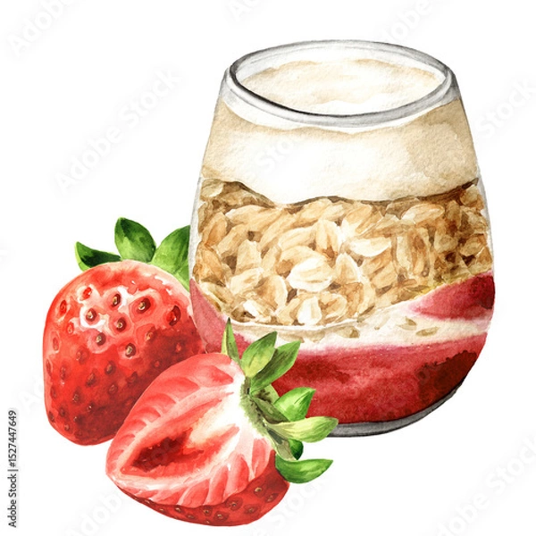 Fototapeta Granola with strawberries, greek yogurt and jam in the jar. Healthy nutrition concept. Watercolor hand drawn illustration, isolated on white background