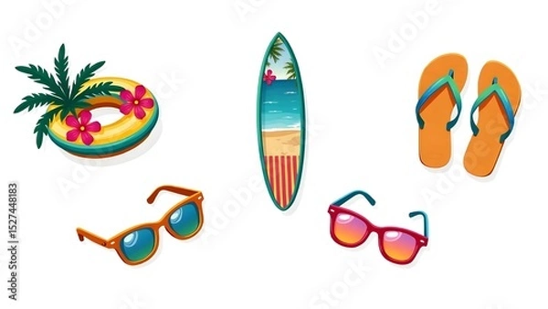 Fototapeta A collection of beach items including a surfboard, a pair of sunglasses, a pair of flip flops, and a summer float. 