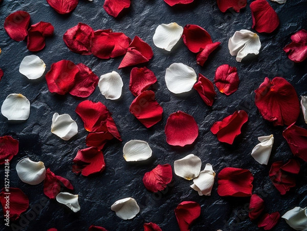 Fototapeta Red and white rose petals are scattered across dark textured surface, creating romantic and elegant pattern. contrast between vibrant petals and dark background enhances visual appeal