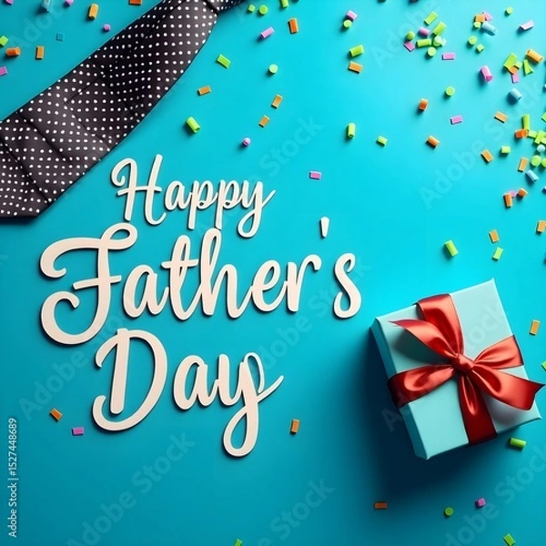Fototapeta A hat and tie are on a blue background with the words Happy Father's Day. 