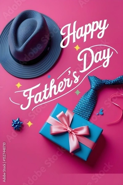 Fototapeta A blue hat and a blue tie are on a pink background. The hat is on the left side of the image and the tie is on the right side. The image is titled "Happy Father's Day" and the text is in blue.
