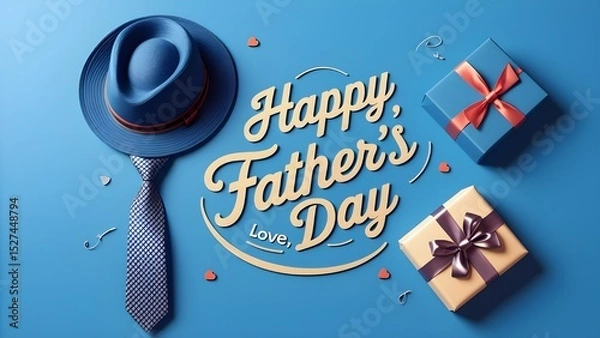 Fototapeta A hat and tie are on a blue background with the words Happy Father's Day. 