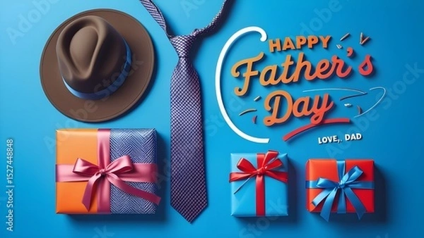 Fototapeta A hat and tie are on a blue background with the words Happy Father's Day. 