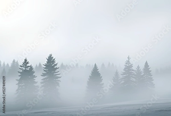 Fototapeta Serene winter landscape with pine trees covered in mist. Calm, atmospheric scene with soft light and fog, perfect for seasonal, nature, or tranquil-themed projects and backgrounds