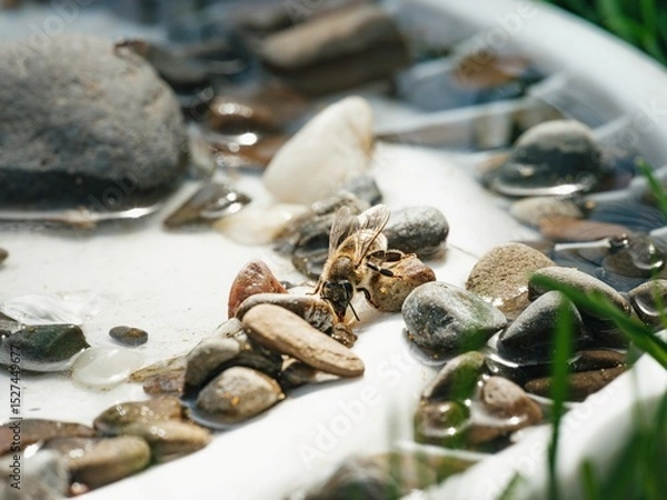 Obraz A Honeybee pauses on a pile of stones within a birdbath, drinking water. The Summer sun shines brightly, and the bee takes a moment to hydrate amidst its busy day collecting nectar