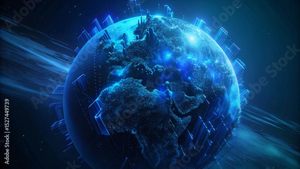 Fototapeta Blue planet Earth in space with glowing digital continents