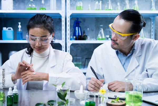 Fototapeta Scientist used biochemistry to test each organic ingredient in the laboratory, ensuring the cosmetic skincare product met safety standards before release.
