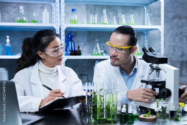 Fototapeta Scientist used biochemistry to test each organic ingredient in the laboratory, ensuring the cosmetic skincare product met safety standards before release.