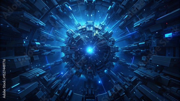 Fototapeta Abstract tech fractal realms with blue light grid pattern geometry