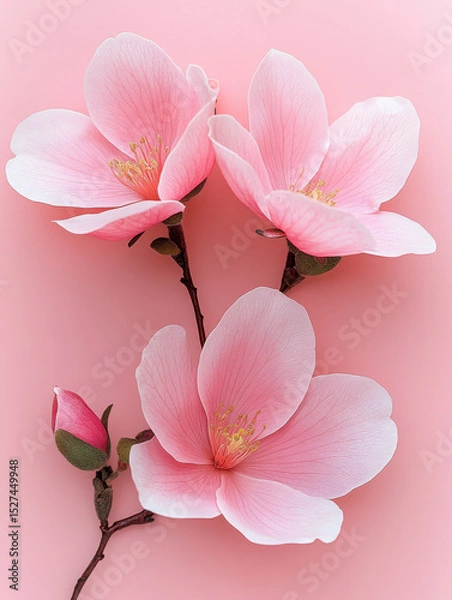 Fototapeta Delicate pink flowers with soft petals and budding bloom on pastel pink background create serene and elegant composition. gentle hues evoke sense of tranquility