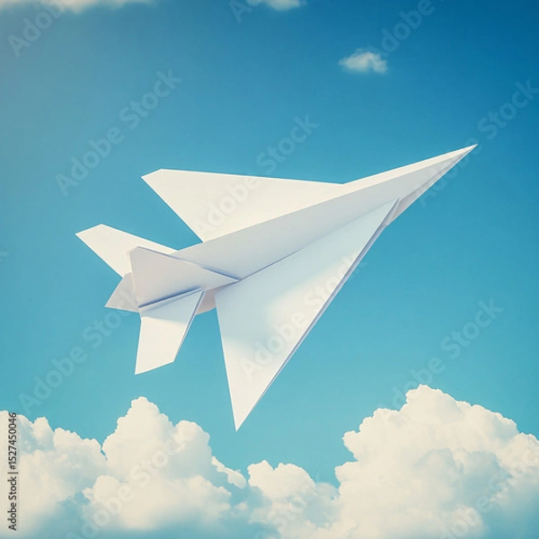 Fototapeta Paper Airplane Soaring Through a Blue Sky with Fluffy Clouds