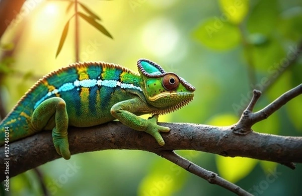 Fototapeta Vibrant chameleon sits on tree branch. Colorful reptile, wildlife creature, macro photography in tropical forest. Exotic animal with camouflage skin. Nature background.