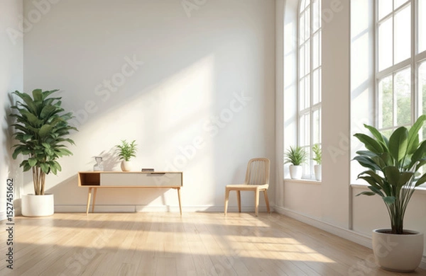 Fototapeta Modern interior room design with plants, window, wooden floor. Empty home apartment design, sunlight and shadows. Minimalist style, comfort, luxury and new. Scandinavian style. Nobody.