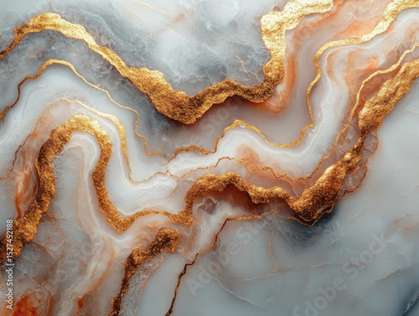 Fototapeta Stunning abstract design featuring swirling patterns of gold and white with hints of orange, resembling marble or agate. luxurious texture and vibrant colors create sense of elegance and opulence