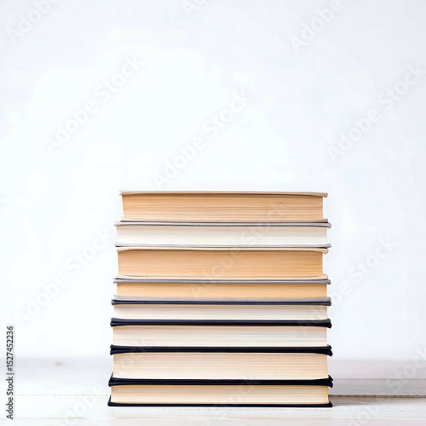Fototapeta Stack of beige and gray books on a white background in soft lighting and calm composition