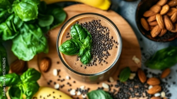 Fototapeta Chocolate smoothie topped with chia seeds and basil, surrounded by ingredients like bananas, almonds, and spinach