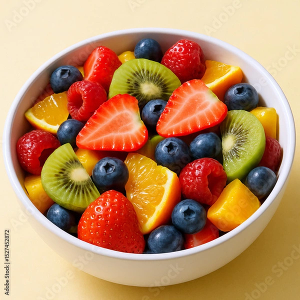 Fototapeta Colorful Fresh Fruit Salad with Strawberries, Blueberries, Kiwi, Orange Slices, and Raspberries in White Bowl