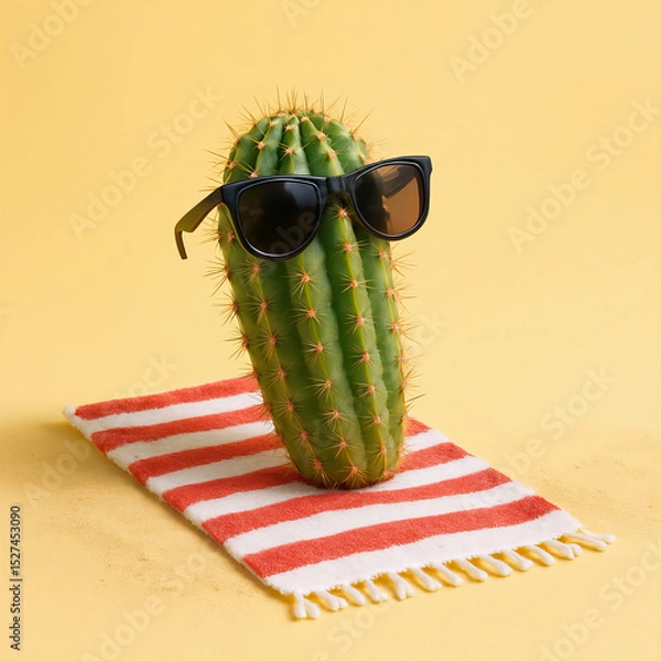 Fototapeta Cool Cactus Wearing Black Sunglasses Sitting on Red and White Striped Towel Against Yellow Background, Fun Summer Concept
