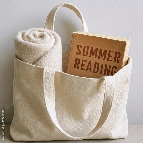 Fototapeta Canvas Tote Bag with Rolled Towel and Book Titled “Summer Reading,” Minimalist Beach Essentials Concept on Light Background