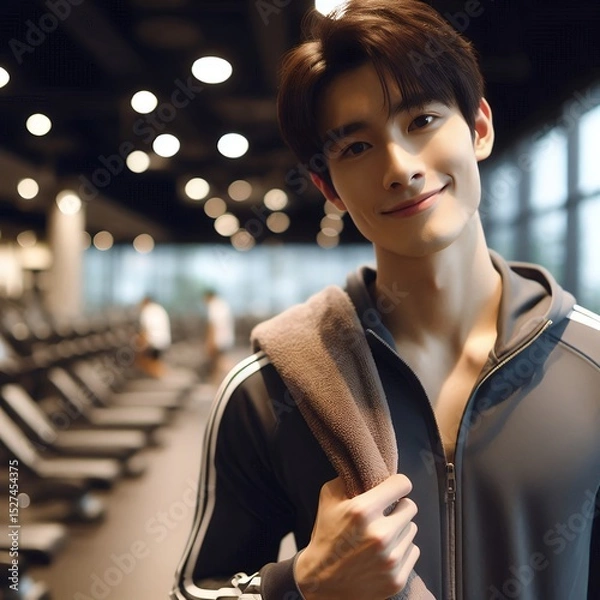 Fototapeta Young Asian Man Smiling in Gym with Towel Over Shoulder for Active Lifestyle and Fitness Motivation with Generative AI.