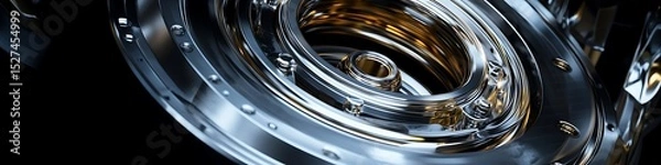 Obraz High-detail titanium engine component with metallic reflections on black background