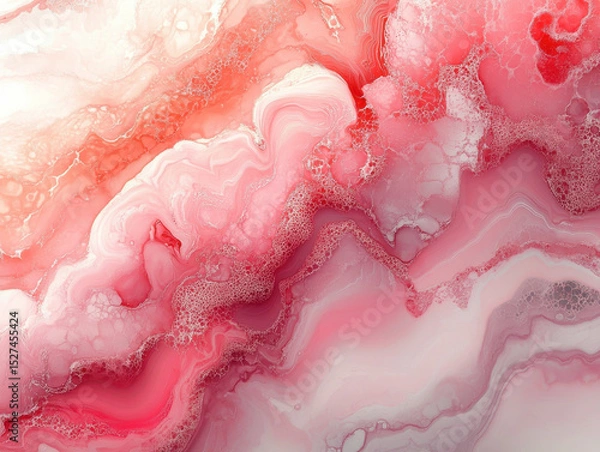 Fototapeta Vibrant abstract painting features swirling shades of red, pink, and white, creating fluid and dynamic composition. texture resembles marbled patterns with sense of movement