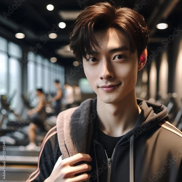 Fototapeta Young Asian Man Smiling in Gym with Towel Over Shoulder for Active Lifestyle and Fitness Motivation with Generative AI.