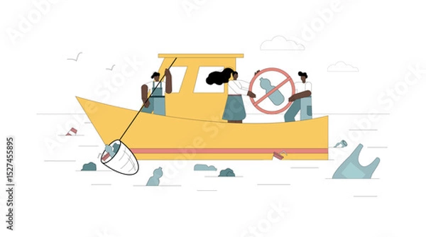 Fototapeta The concept of stop ocean plastic pollution. People on the ship with a stop trash sign.eps