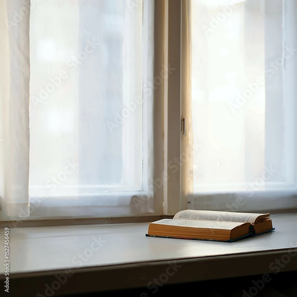 Obraz Book resting on white windowsill with morning sun shining through curtain, peaceful mood