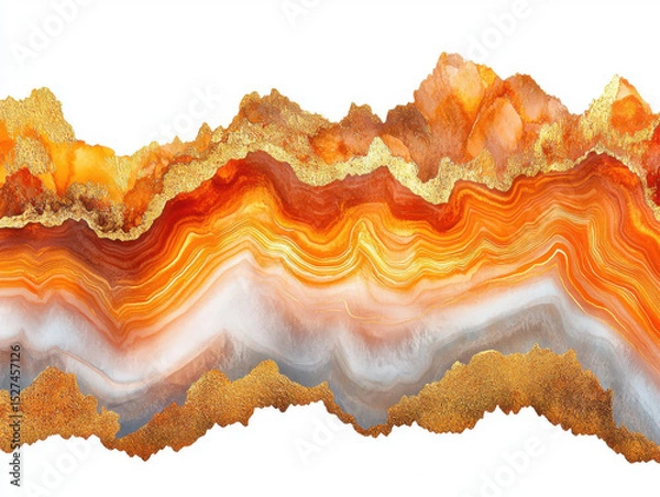 Obraz This features vibrant abstract design with layers of orange, gold, and white colors, resembling geological formations or agate patterns. rich textures and colors create dynamic and artistic visual