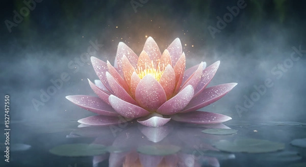 Obraz Pink Lotus Flower with Glowing Center in Misty Water