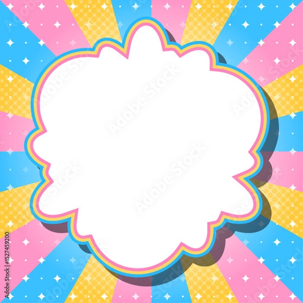 Fototapeta ハーフトン柄入りのサンバーストとフレームの背景、キラキラパターンのデコレーション、ポップなデザイン、雲型のフレーム、正方形サイズ