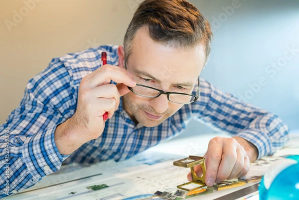 Fototapeta worker in a printing uses a magnifying glass