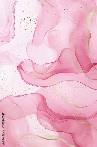Fototapeta Elegant pink and gold abstract art with flowing, translucent waves and delicate speckles creates sense of movement and luxury. soft, swirling patterns evoke dreamy, ethereal atmosphere