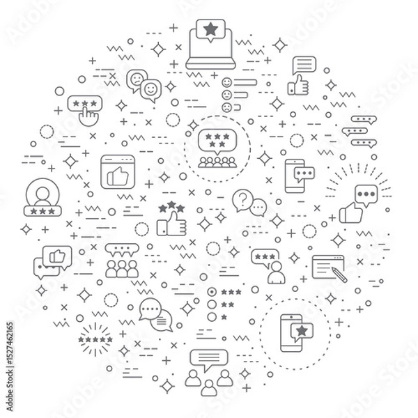 Fototapeta Simple Set of Review And feedback Related Vector Line Illustration. Contains such Icons as customer, rating, star rating, chat, testimonials, survey, support, communication, sign And Other Elements.