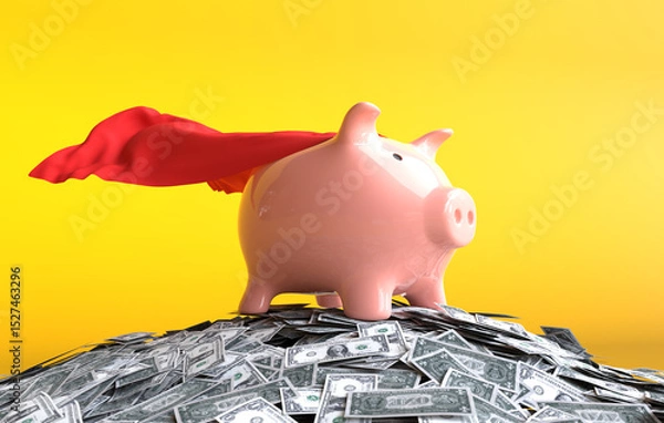 Fototapeta A piggy bank covered in a red cloth stands on a pile of banknotes. 3D illustration
