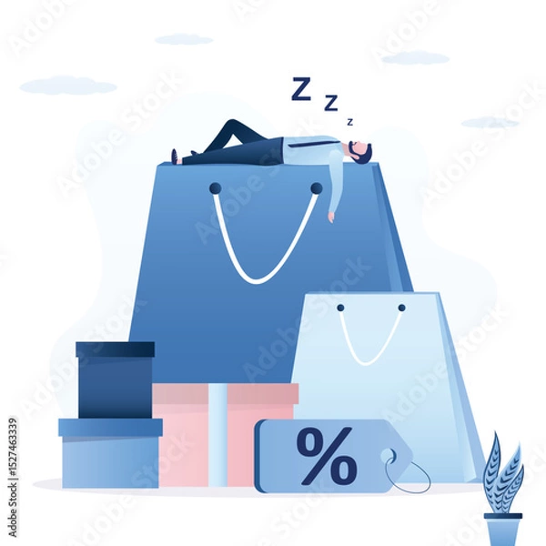 Obraz Business break, burnout and fatigue from shopping. Male consumer tired of online shopping process. Businessman or client sleeping on giant shopping bags after discount sales.